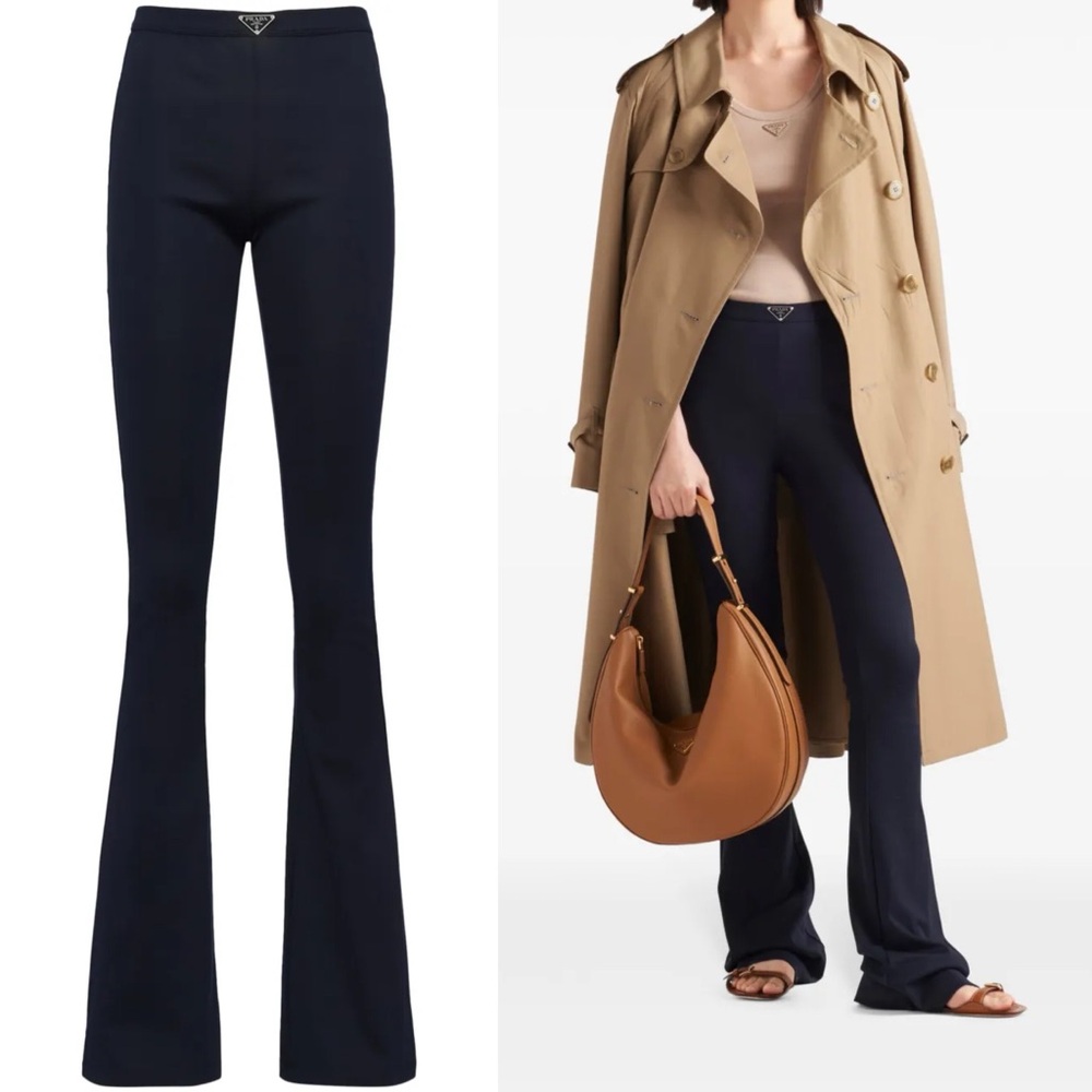 Prada 2023 Logo Plaque Flared Rib Navy Blue Pants